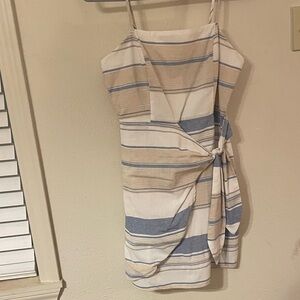 Chic Beige and Blue Striped Mini Dress